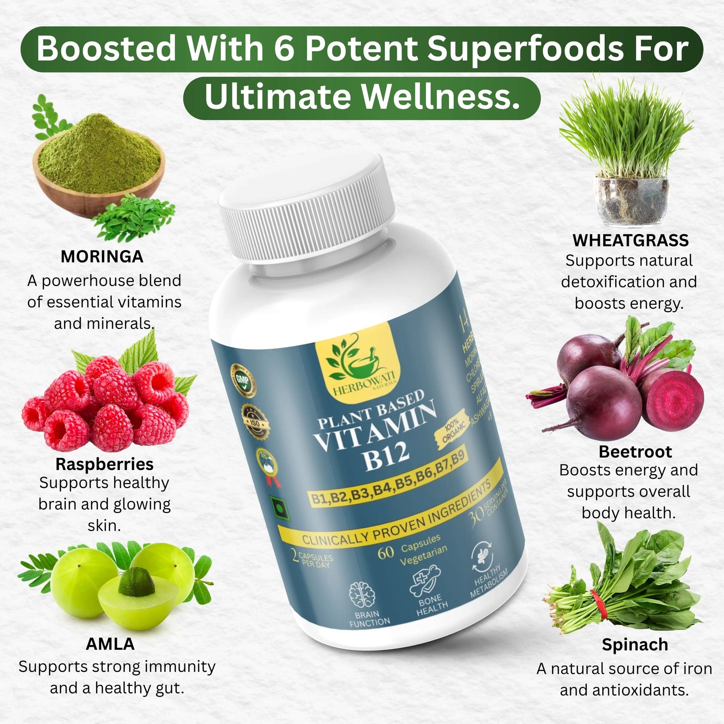 Plant-Based Vitamin B12 Supplement – Complete B-Complex (60 Vegetarian Capsules)